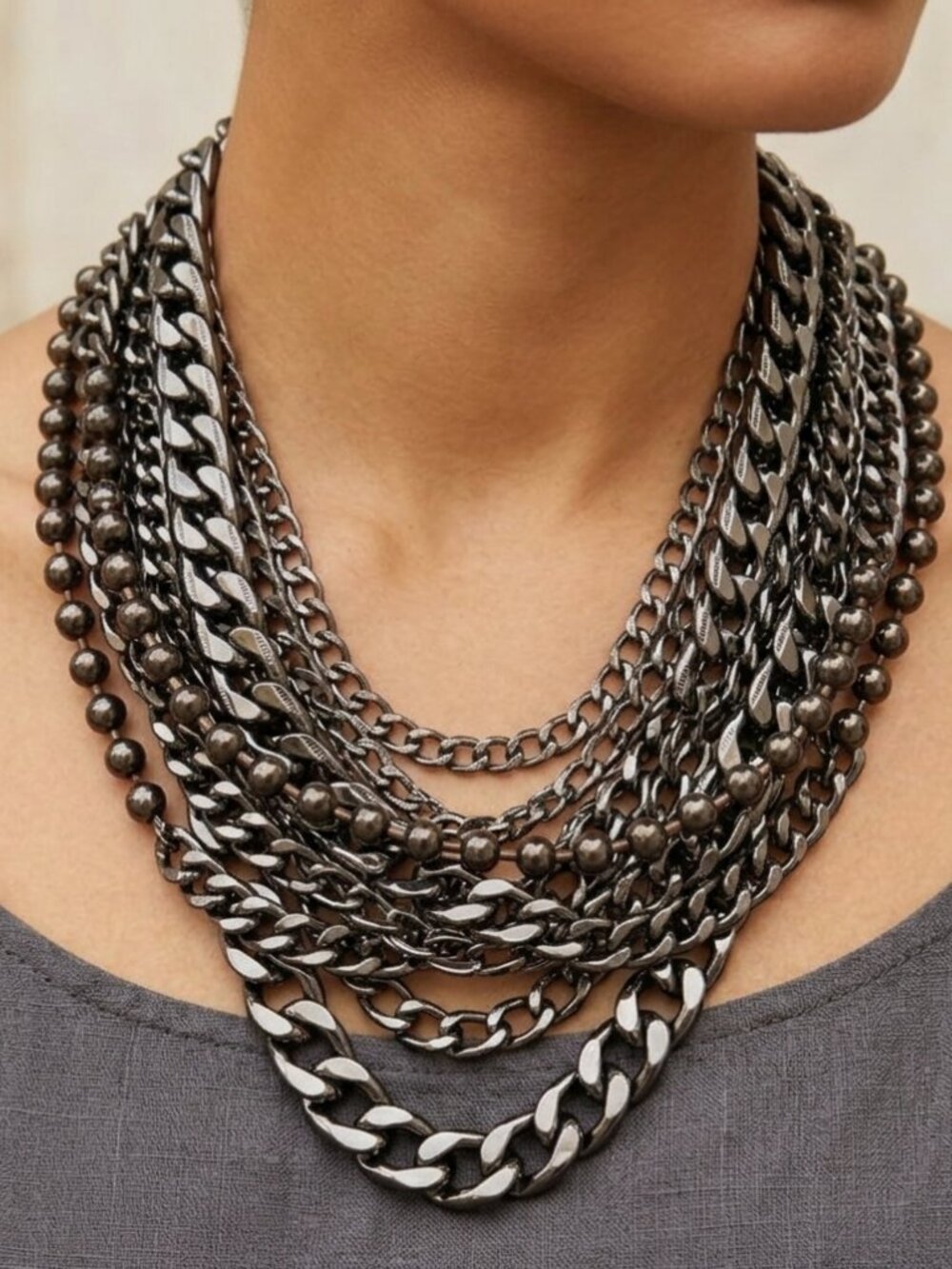 Charming Charlie multi-strand gunmetal Layered Statement Necklace